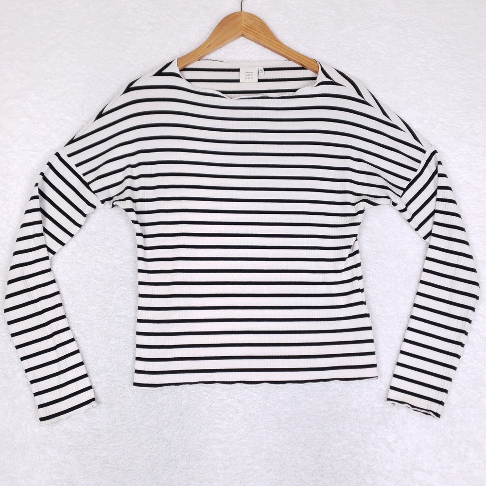 Good Luck Gem Womens XL Striped Ribbed Long Sleeve Boat Neck Top Black White